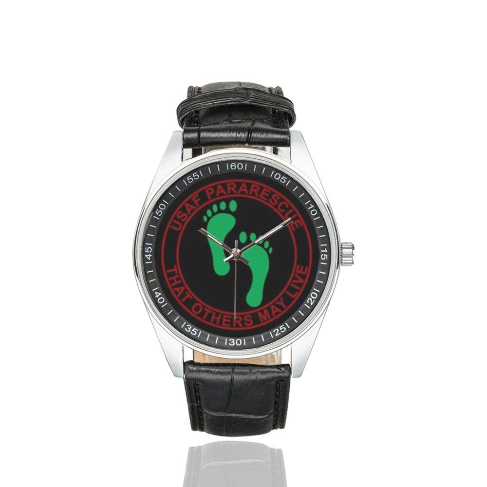 Men's casual watch with a round dial featuring the PJ Air Force Combat Rescue emblem, silver-tone case and black leather strap.