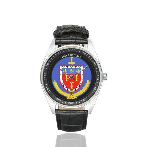 Men's casual watch with a round dial featuring the EG Tulle emblem, silver-tone case and black leather strap.