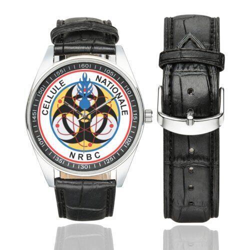 Men's casual watch with a round dial featuring the Cellule Nationale NRBC (C2NRBC) emblem, silver-tone case and black leather strap, shown with the strap to the side.