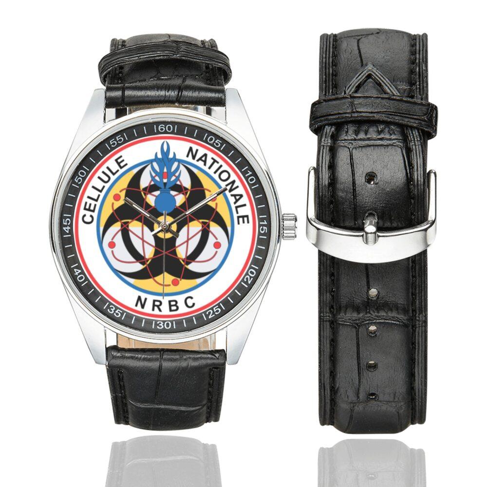 Men's casual watch with a round dial featuring the Cellule Nationale NRBC (C2NRBC) emblem, silver-tone case and black leather strap, shown with the strap to the side.