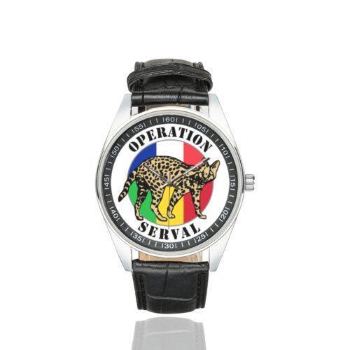 Men's casual watch with a round dial featuring the Opération Serval emblem, silver-tone case and black leather strap.
