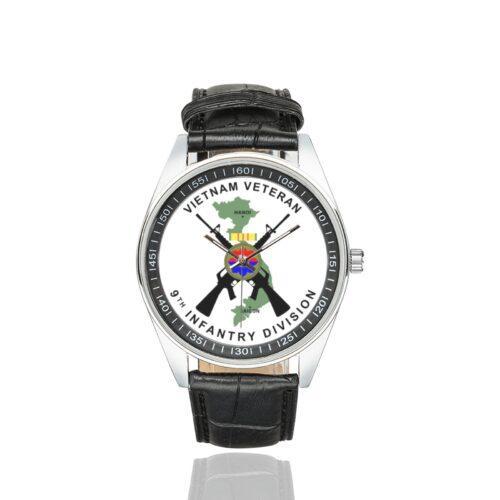 Men's casual watch with a round dial featuring the Vietnam Veteran 9th Infantry Division emblem, silver-tone case and black leather strap.
