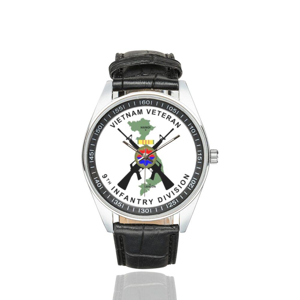 Men's casual watch with a round dial featuring the Vietnam Veteran 9th Infantry Division emblem, silver-tone case and black leather strap.