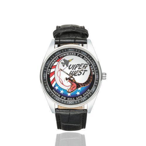 Men's casual watch with a round dial featuring the USAF Air Combat Command Hill AFB, Utah emblem, silver-tone case and black leather strap.