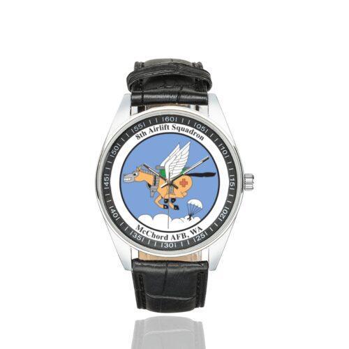 Men's casual watch with a round dial featuring the USAF 8th Airlift Squadron emblem, silver-tone case and black leather strap.