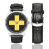 Men's casual watch with a round dial featuring the 33rd Infantry Division SSI emblem, silver-tone case and black leather strap, shown with the strap to the side.