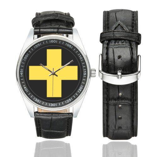 Men's casual watch with a round dial featuring the 33rd Infantry Division SSI emblem, silver-tone case and black leather strap, shown with the strap to the side.