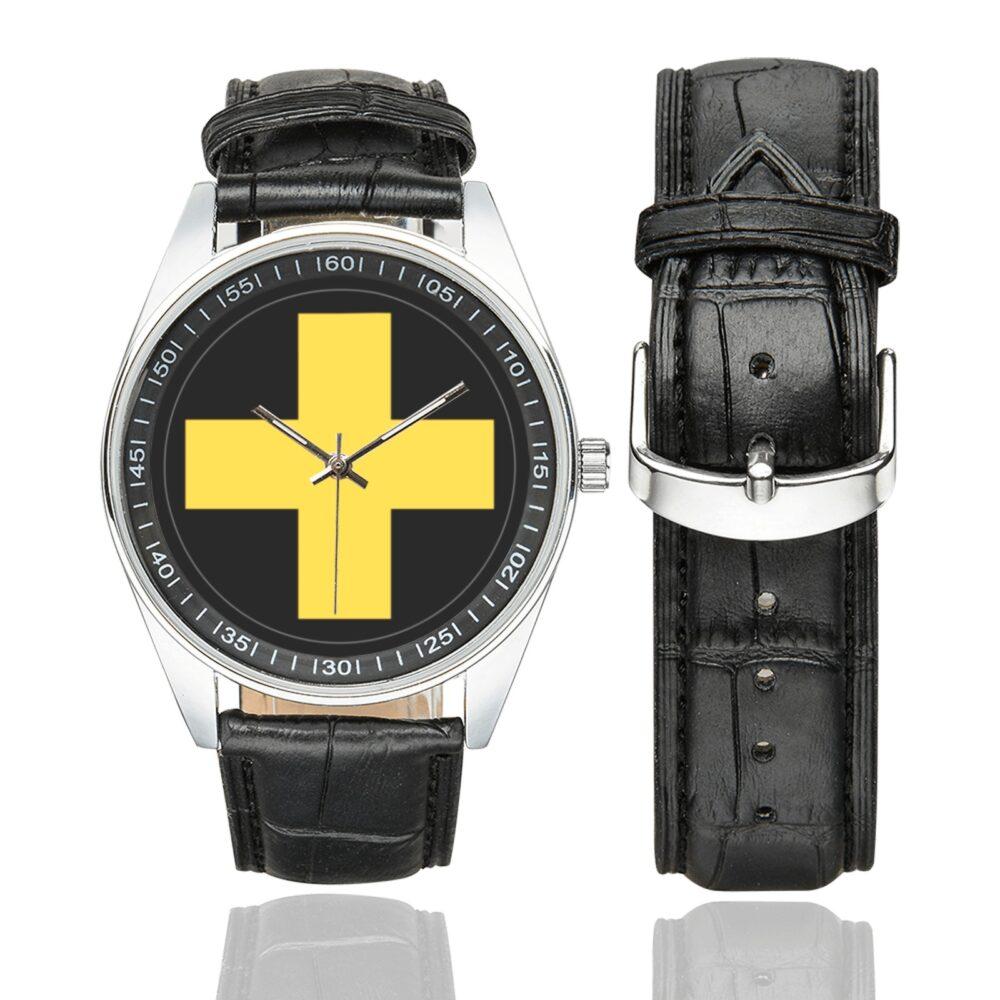 Men's casual watch with a round dial featuring the 33rd Infantry Division SSI emblem, silver-tone case and black leather strap, shown with the strap to the side.
