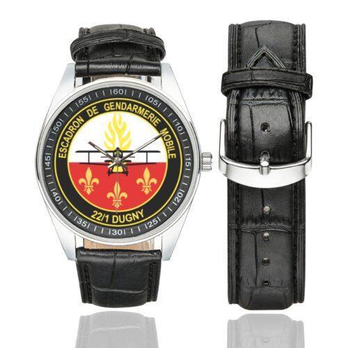 Men's casual watch with a round dial featuring the EGM 22-1 Dugny emblem, silver-tone case and black leather strap, shown with the strap to the side.