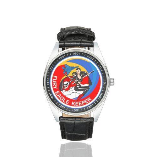 Men's casual watch with a round dial featuring the USAF 1st Fighter Squadron Fury Eagle Keeper emblem, silver-tone case and black leather strap.