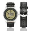 Men's casual watch with a round dial featuring the SWAT emblem, silver-tone case and black leather strap, shown with the strap to the side.