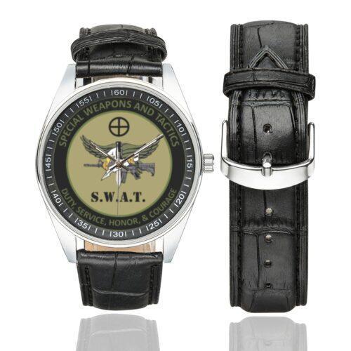 Men's casual watch with a round dial featuring the SWAT emblem, silver-tone case and black leather strap, shown with the strap to the side.