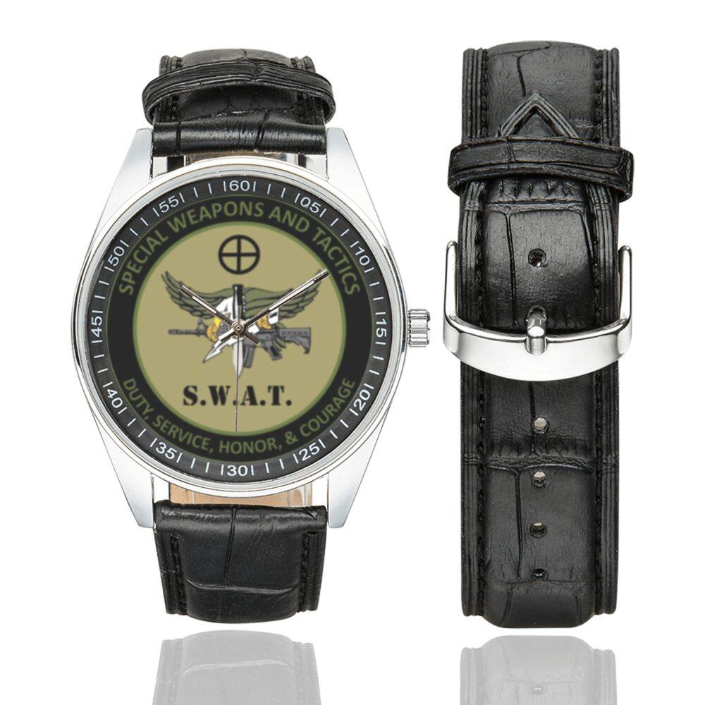 Men's casual watch with a round dial featuring the SWAT emblem, silver-tone case and black leather strap, shown with the strap to the side.