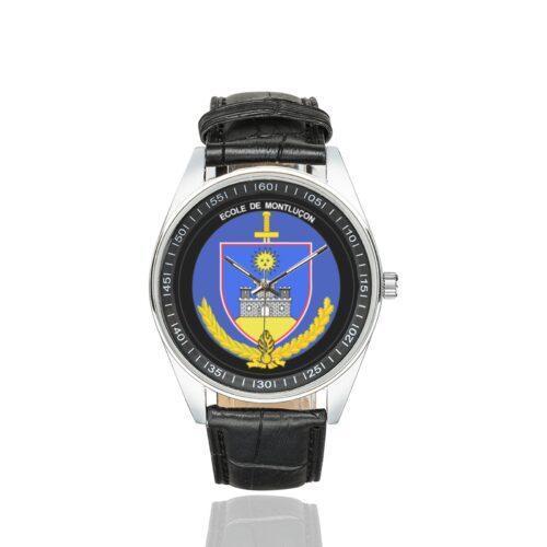 Men's casual watch with a round dial featuring the EG Montluçon emblem, silver-tone case and black leather strap.