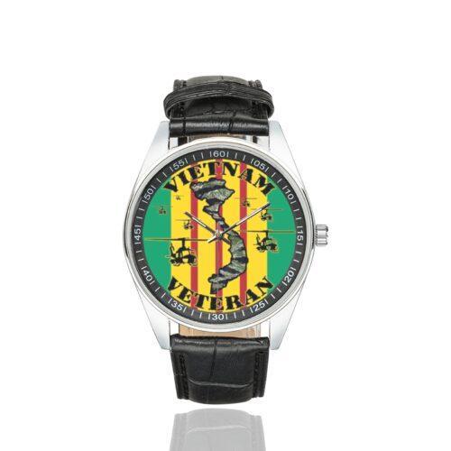 Men's casual watch with a round dial featuring the US Army Air Cavalry Vietnam Veteran emblem, silver-tone case and black leather strap.