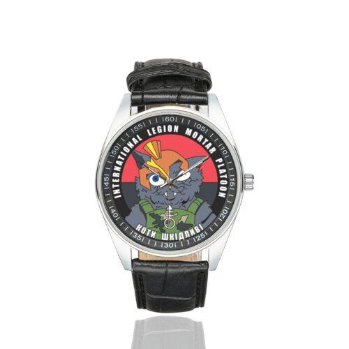 Men's casual watch with a round dial featuring the Ukraine 1st Battalion International Legion Mortar Platoon emblem, silver-tone case and black leather strap.
