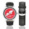 Men's casual watch with a round dial featuring the Israeli Air Force 115 Squadron emblem, silver-tone case and black leather strap, shown with the strap to the side.