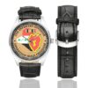 Men's casual watch with a round dial featuring the US Army 25th Infantry Division OIF Veteran emblem, silver-tone case and black leather strap, shown with the strap to the side.