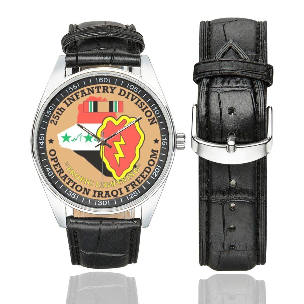 Men's casual watch with a round dial featuring the US Army 25th Infantry Division OIF Veteran emblem, silver-tone case and black leather strap, shown with the strap to the side.