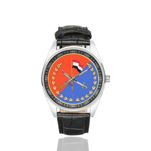 Men's casual watch with a round dial featuring the Yemeni Republican Guard SSI.svg emblem, silver-tone case and black leather strap.
