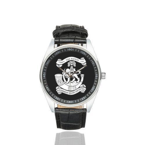 Men's casual watch with a round dial featuring the Rhodesian Light Infantry emblem, silver-tone case and black leather strap.