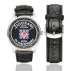 Men's casual watch with a round dial featuring the Croatian Defence Forces emblem, silver-tone case and black leather strap, shown with the strap to the side.
