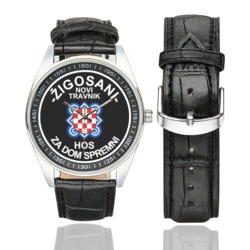 Men's casual watch with a round dial featuring the Croatian Defence Forces emblem, silver-tone case and black leather strap, shown with the strap to the side.