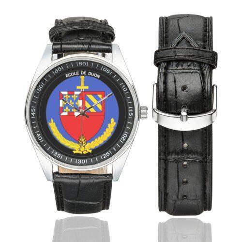 Men's casual watch with a round dial featuring the EG Dijon emblem, silver-tone case and black leather strap, shown with the strap to the side.