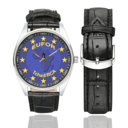 Men's casual watch with a round dial featuring the EUFOR Tchad-RCA emblem, silver-tone case and black leather strap, shown with the strap to the side.