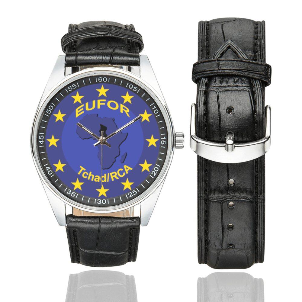 Men's casual watch with a round dial featuring the EUFOR Tchad-RCA emblem, silver-tone case and black leather strap, shown with the strap to the side.