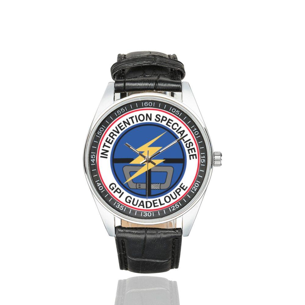 Men's casual watch with a round dial featuring the GPI Guadeloupe emblem, silver-tone case and black leather strap.