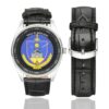 Men's casual watch with a round dial featuring the EG Montluçon emblem, silver-tone case and black leather strap, shown with the strap to the side.