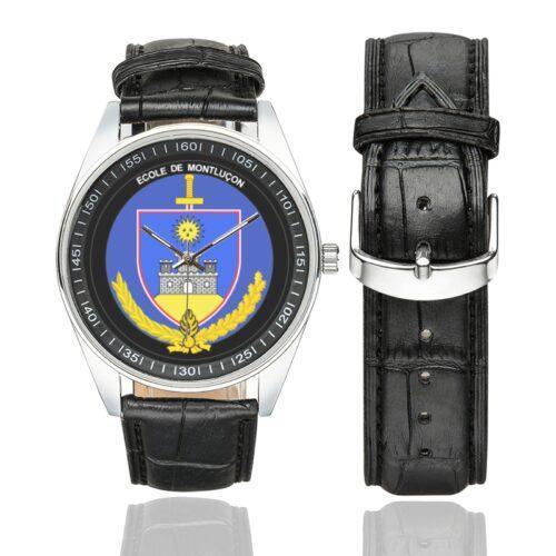 Men's casual watch with a round dial featuring the EG Montluçon emblem, silver-tone case and black leather strap, shown with the strap to the side.