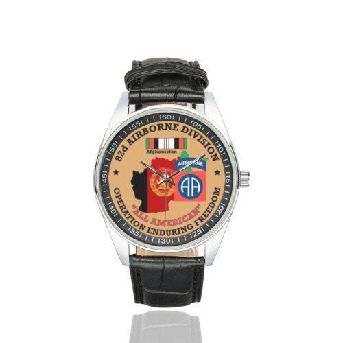 Men's casual watch with a round dial featuring the US Army 82nd Airborne Division OEF Veteran emblem, silver-tone case and black leather strap.