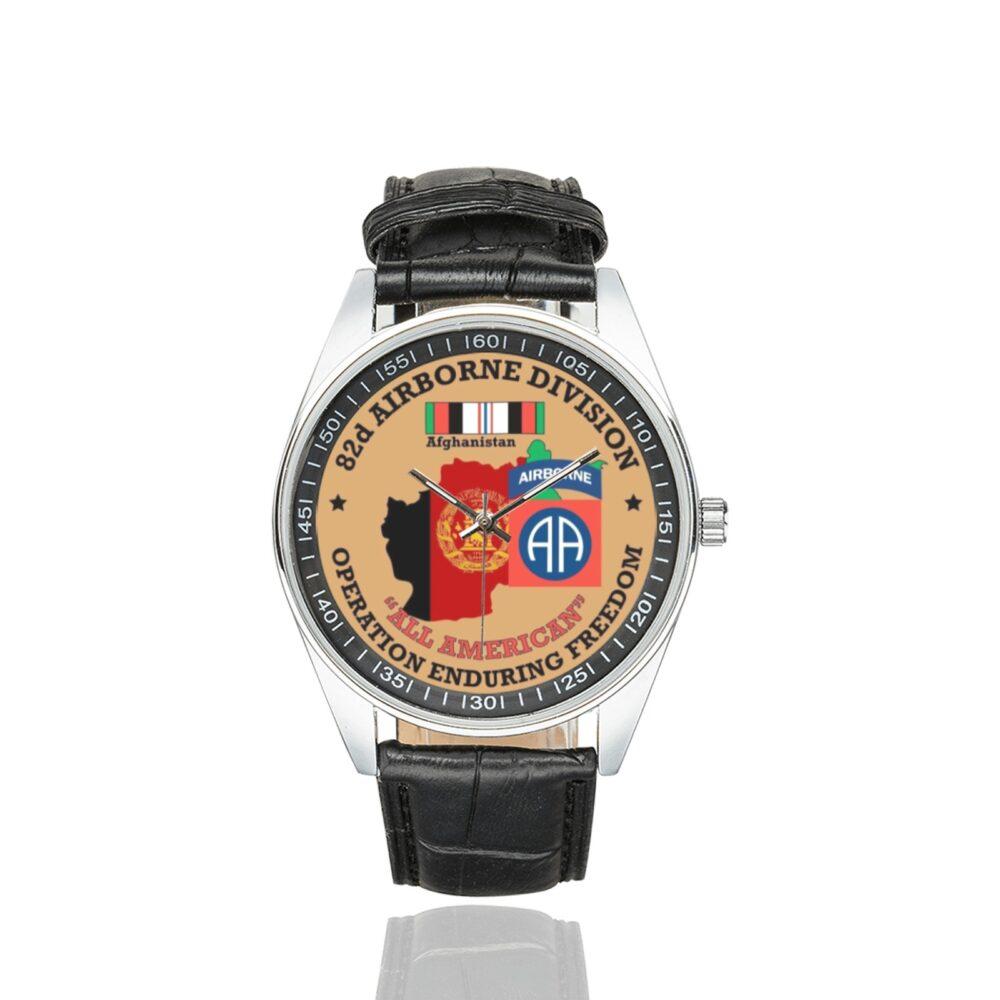 Men's casual watch with a round dial featuring the US Army 82nd Airborne Division OEF Veteran emblem, silver-tone case and black leather strap.