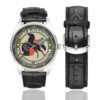 Men's casual watch with a round dial featuring the Camp Blackhorse POL-E Charki, Afghanistan emblem, silver-tone case and black leather strap, shown with the strap to the side.