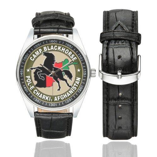 Men's casual watch with a round dial featuring the Camp Blackhorse POL-E Charki, Afghanistan emblem, silver-tone case and black leather strap, shown with the strap to the side.