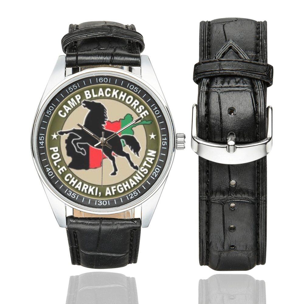 Men's casual watch with a round dial featuring the Camp Blackhorse POL-E Charki, Afghanistan emblem, silver-tone case and black leather strap, shown with the strap to the side.