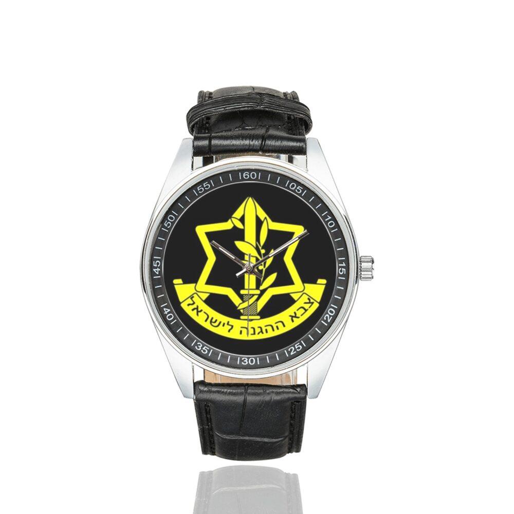 Men's casual watch with a round dial featuring the Israel Defense Forces emblem, silver-tone case and black leather strap.