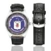 Men's casual watch with a round dial featuring the CIA emblem, silver-tone case and black leather strap, shown with the strap to the side.