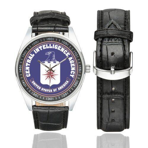 Men's casual watch with a round dial featuring the CIA emblem, silver-tone case and black leather strap, shown with the strap to the side.