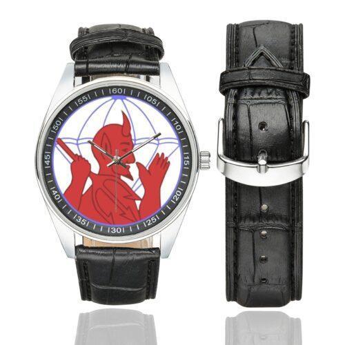 Men's casual watch with a round dial featuring the US Army 504th Parachute Infantry Regiment emblem, silver-tone case and black leather strap, shown with the strap to the side.