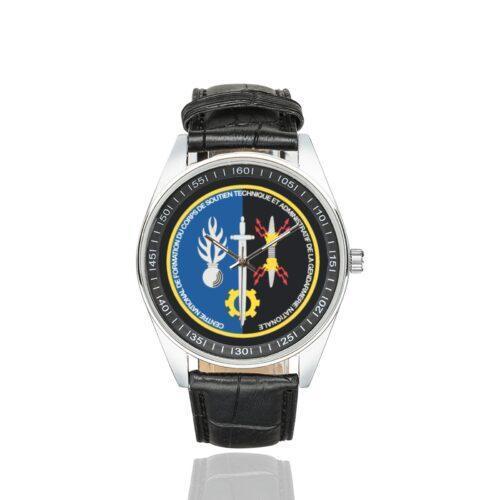 Men's casual watch with a round dial featuring the CNF CSTAGN emblem, silver-tone case and black leather strap.
