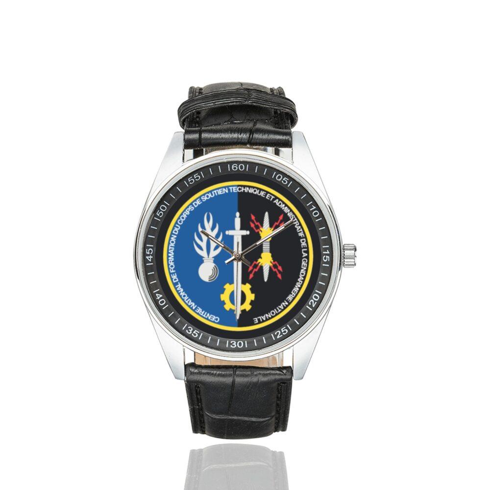 Men's casual watch with a round dial featuring the CNF CSTAGN emblem, silver-tone case and black leather strap.