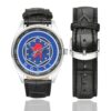 Men's casual watch with a round dial featuring the OCLTI emblem, silver-tone case and black leather strap, shown with the strap to the side.