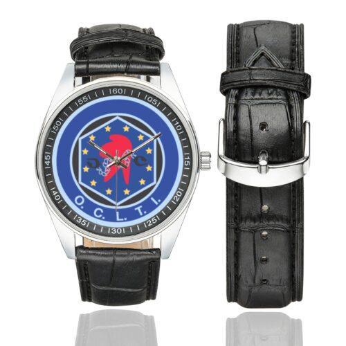 Men's casual watch with a round dial featuring the OCLTI emblem, silver-tone case and black leather strap, shown with the strap to the side.