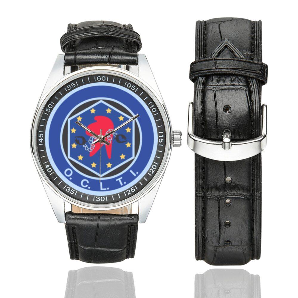Men's casual watch with a round dial featuring the OCLTI emblem, silver-tone case and black leather strap, shown with the strap to the side.