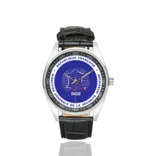 Men's casual watch with a round dial featuring the DGSI emblem, silver-tone case and black leather strap.