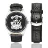 Men's casual watch with a round dial featuring the Rhodesian Light Infantry emblem, silver-tone case and black leather strap, shown with the strap to the side.
