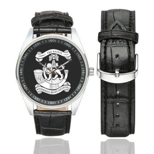 Men's casual watch with a round dial featuring the Rhodesian Light Infantry emblem, silver-tone case and black leather strap, shown with the strap to the side.